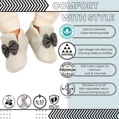 Baby Unisex Partywear Shining Cotton Bow Velcro Shoe Booties (White,Black)-BT5243