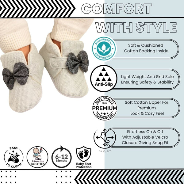 Baby Unisex Partywear Shining Cotton Bow Velcro Shoe Booties (White,Black)-BT5243