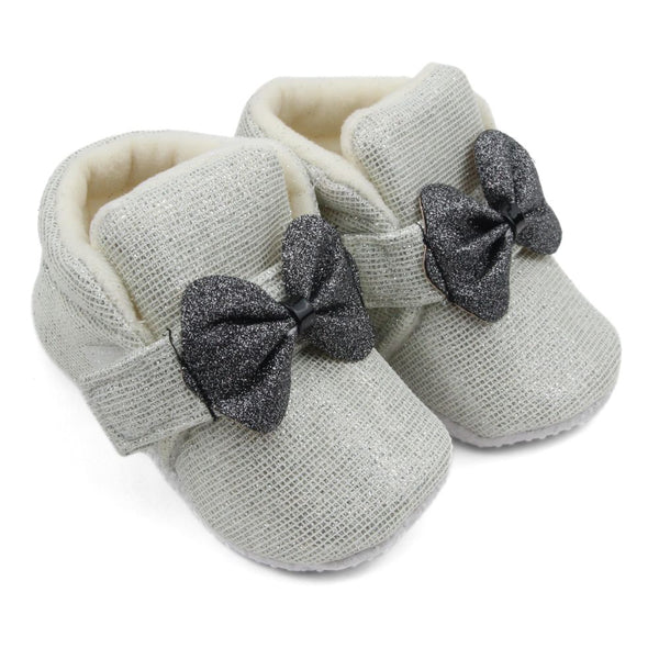 Baby Unisex Partywear Shining Cotton Bow Velcro Shoe Booties (White,Black)-BT5243