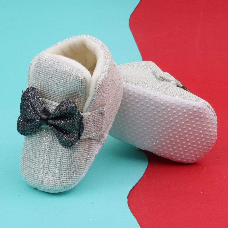 Baby Unisex Partywear Shining Cotton Bow Velcro Shoe Booties (White,Black)-BT5243