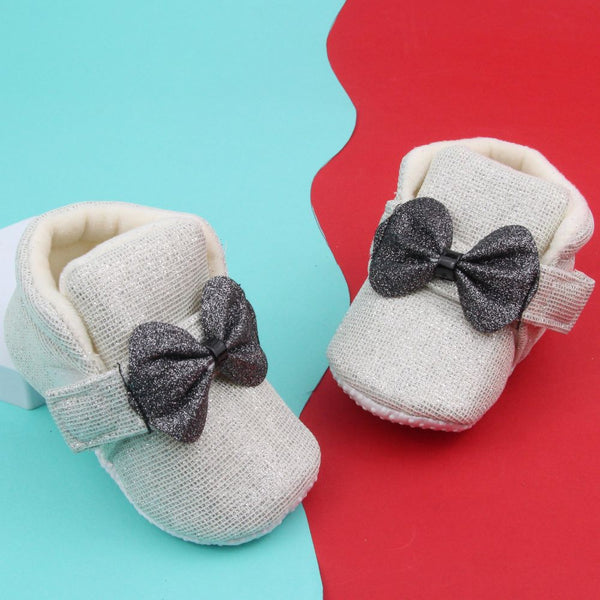 Baby Unisex Partywear Shining Cotton Bow Velcro Shoe Booties (White,Black)-BT5243