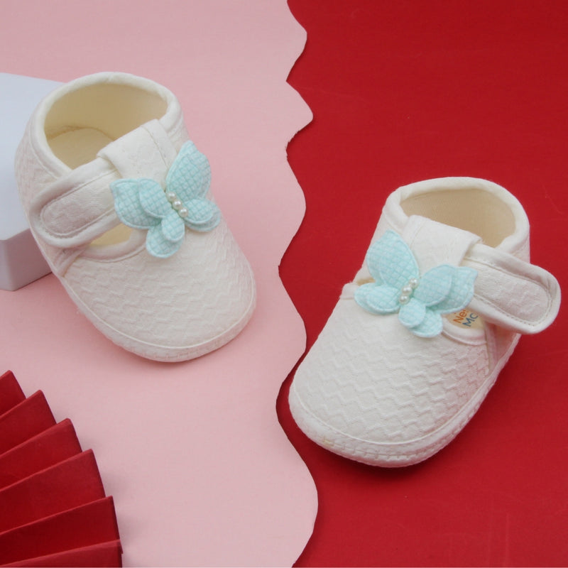 Baby Girls Cotton Butterfly Velcro Belly Booties (White,Blue)-BT5244
