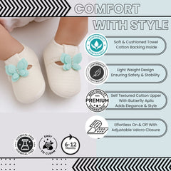 Baby Girls Cotton Butterfly Velcro Belly Booties (White,Blue)-BT5244