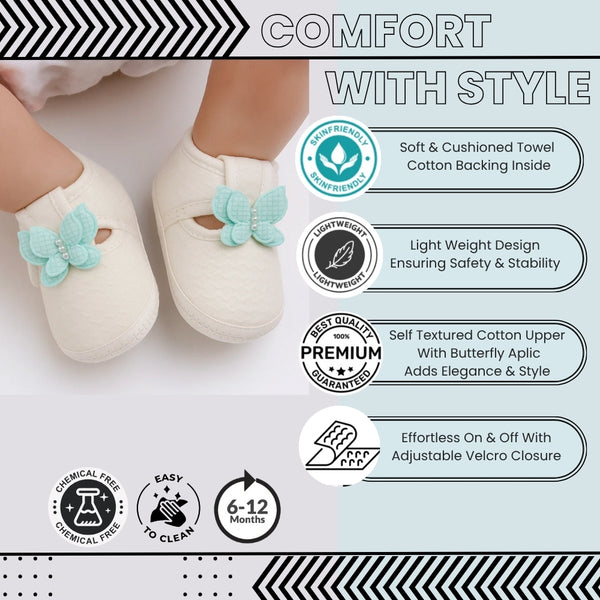 Baby Girls Cotton Butterfly Velcro Belly Booties (White,Blue)-BT5244