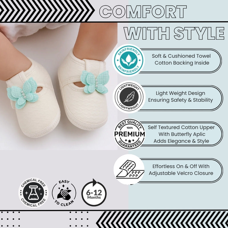 Baby Girls Cotton Butterfly Velcro Belly Booties (White,Blue)-BT5244