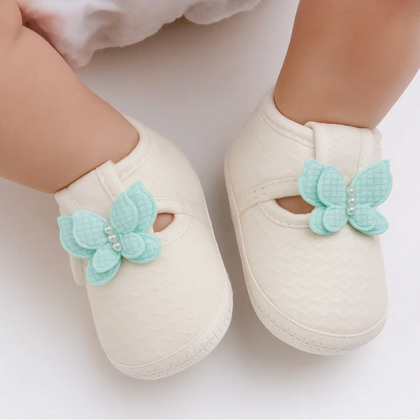 Baby Girls Cotton Butterfly Velcro Belly Booties (White,Blue)-BT5244