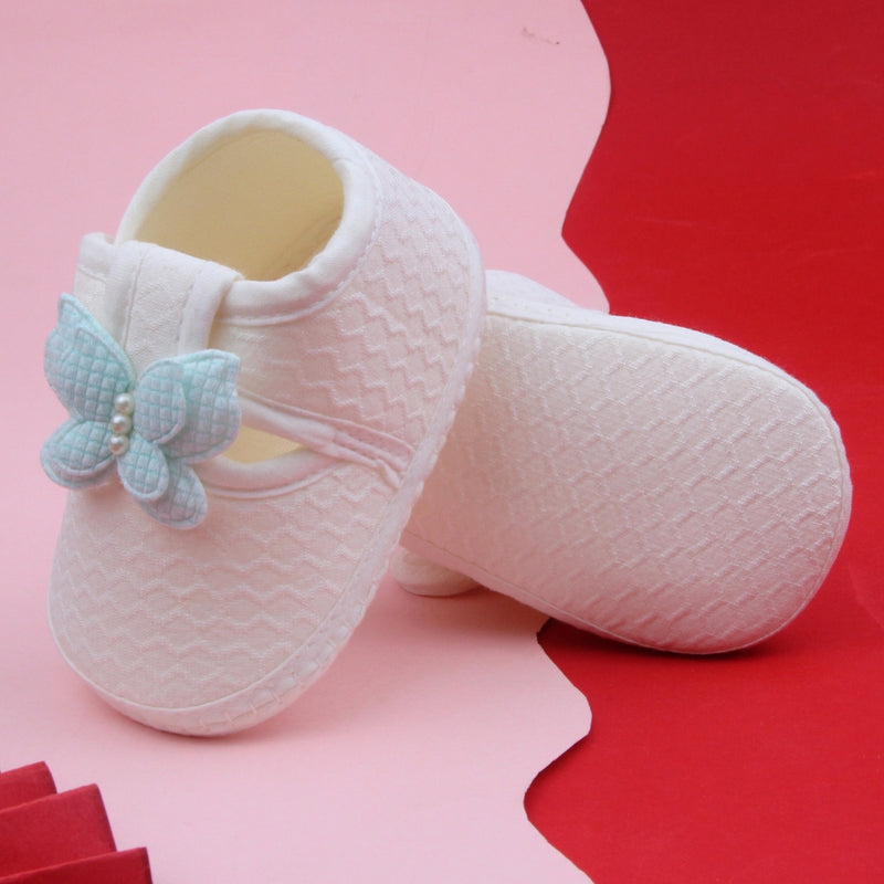 Baby Girls Cotton Butterfly Velcro Belly Booties (White,Blue)-BT5244