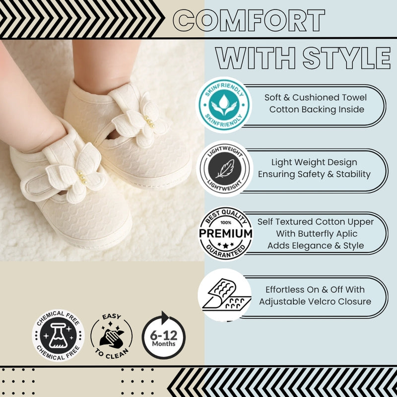 Baby Girls Cotton Butterfly Velcro Belly Booties (White)-BT5246