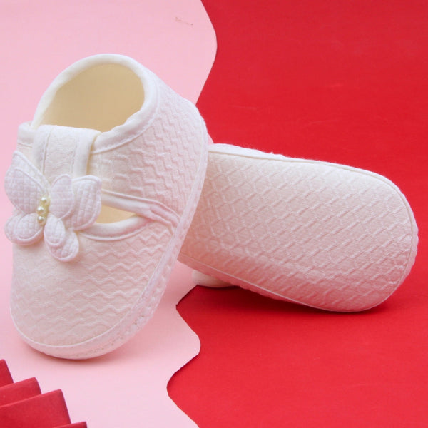 Baby Girls Cotton Butterfly Velcro Belly Booties (White)-BT5246