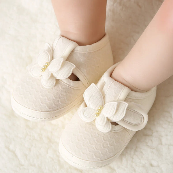 Baby Girls Cotton Butterfly Velcro Belly Booties (White)-BT5246