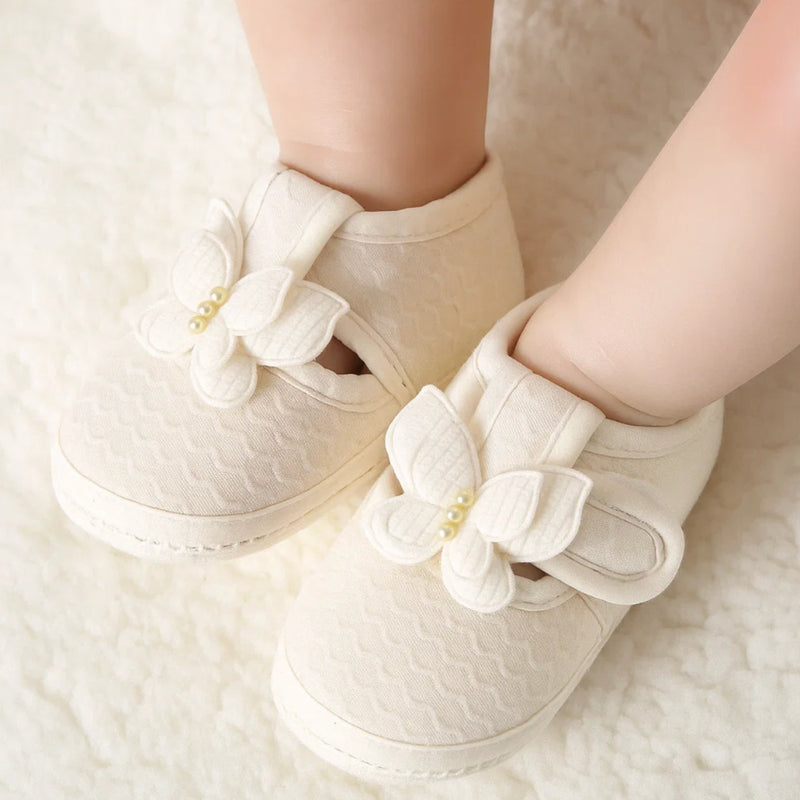 Baby Girls Cotton Butterfly Velcro Belly Booties (White)-BT5246