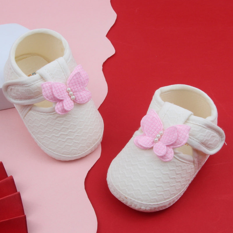 Baby Girls Cotton Butterfly Velcro Belly Booties (White,Pink)-BT5247