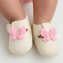 Baby Girls Cotton Butterfly Velcro Belly Booties (White,Pink)-BT5247