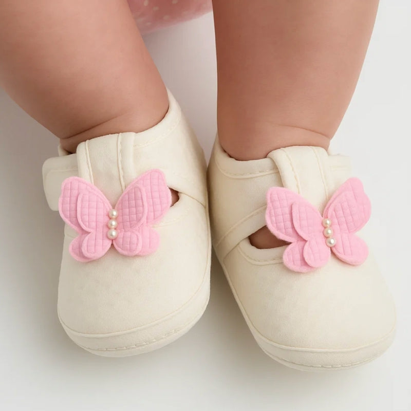 Baby Girls Cotton Butterfly Velcro Belly Booties (White,Pink)-BT5247