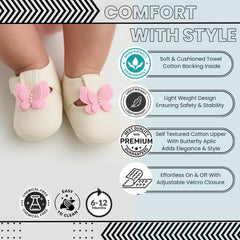 Baby Girls Cotton Butterfly Velcro Belly Booties (White,Pink)-BT5247