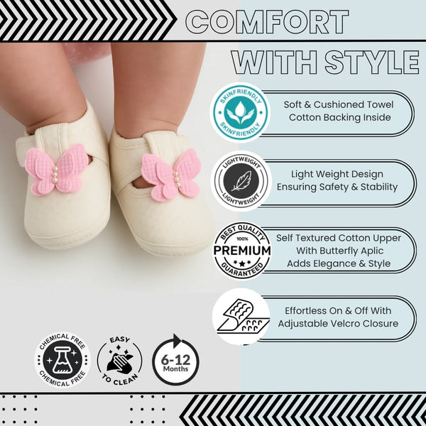 Baby Girls Cotton Butterfly Velcro Belly Booties (White,Pink)-BT5247
