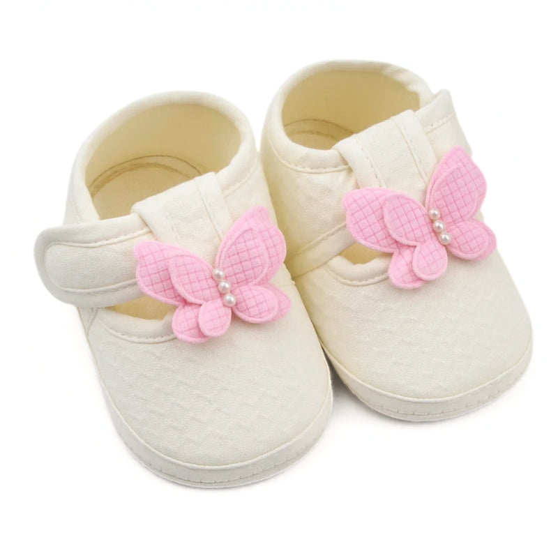 Baby Girls Cotton Butterfly Velcro Belly Booties (White,Pink)-BT5247