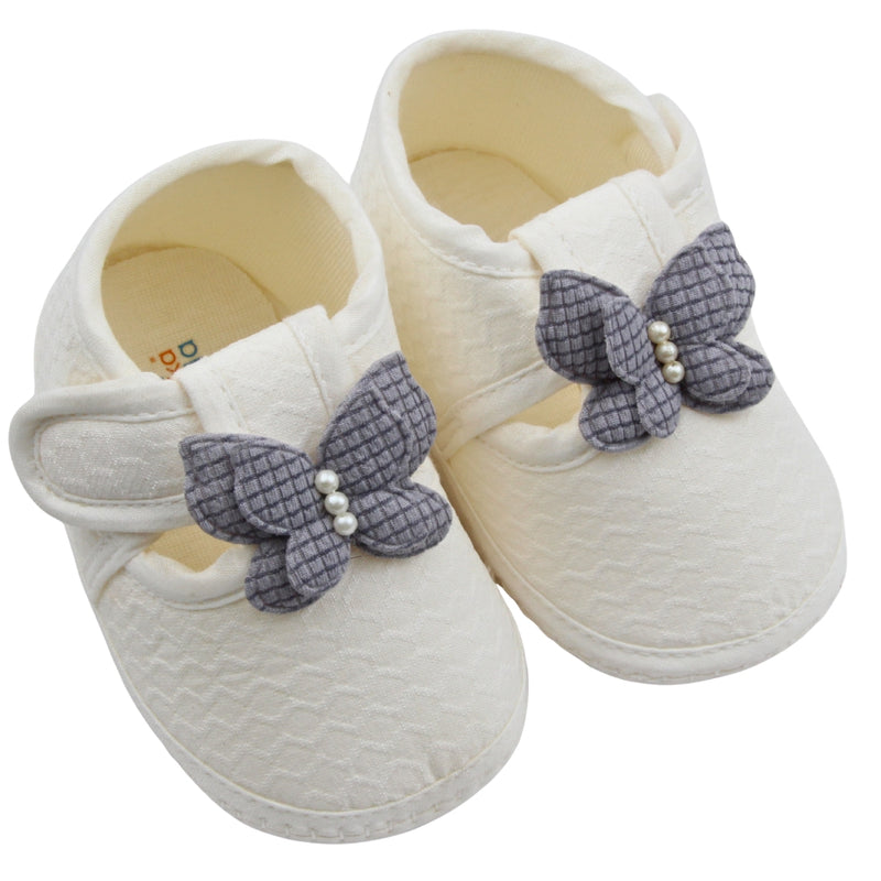 Baby Girls Cotton Butterfly Velcro Belly Booties (White,Grey)-BT5248