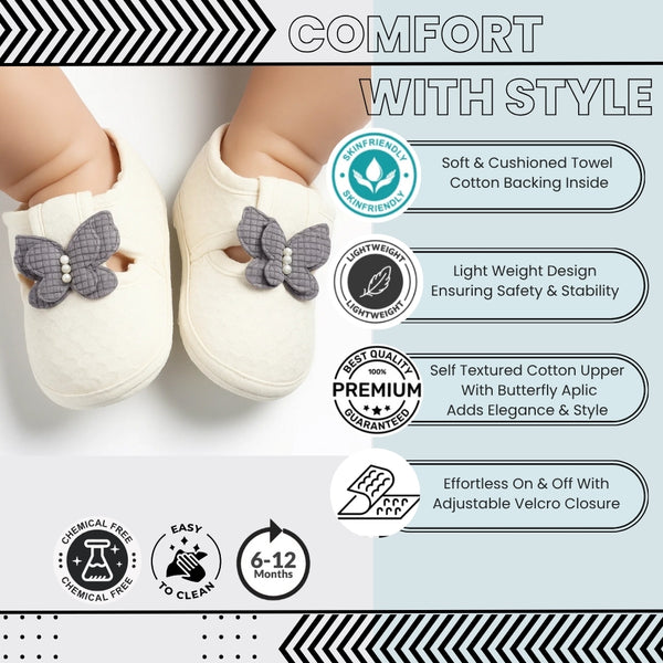 Baby Girls Cotton Butterfly Velcro Belly Booties (White,Grey)-BT5248