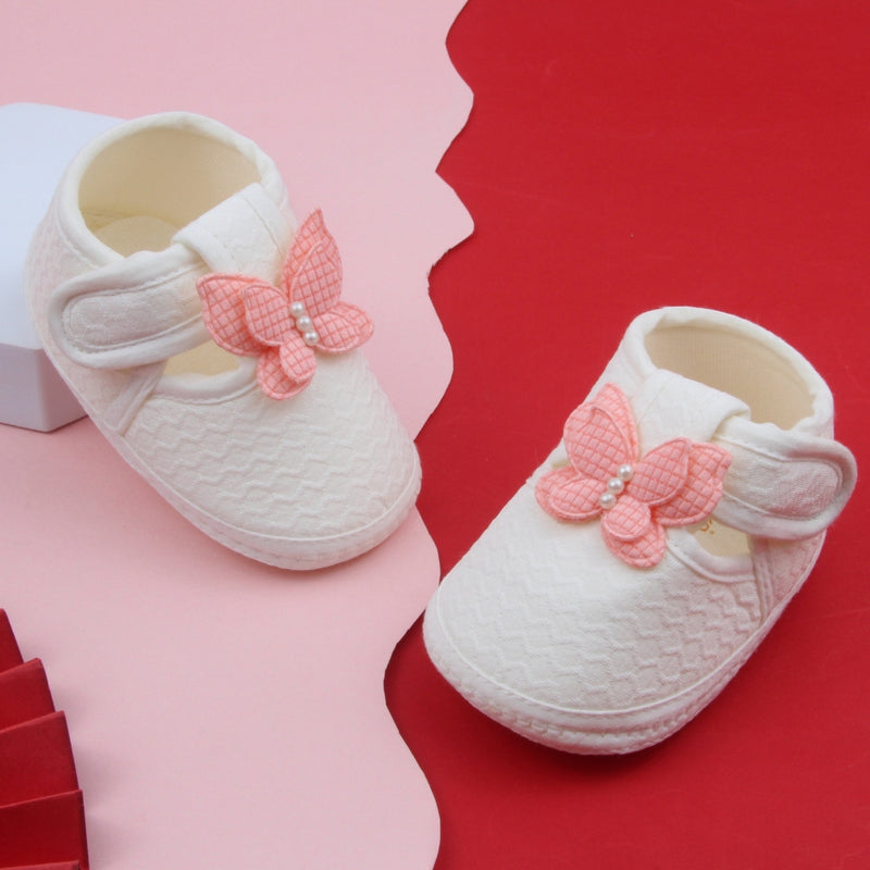 Baby Girls Cotton Butterfly Velcro Belly Booties (White,Orange)-BT5249