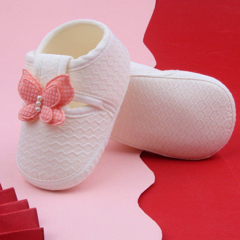 Baby Girls Cotton Butterfly Velcro Belly Booties (White,Orange)-BT5249