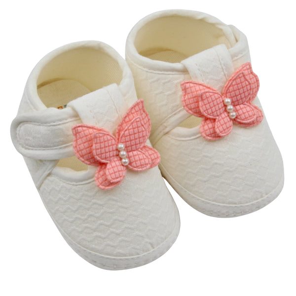 Baby Girls Cotton Butterfly Velcro Belly Booties (White,Orange)-BT5249