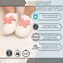 Baby Girls Cotton Butterfly Velcro Belly Booties (White,Orange)-BT5249