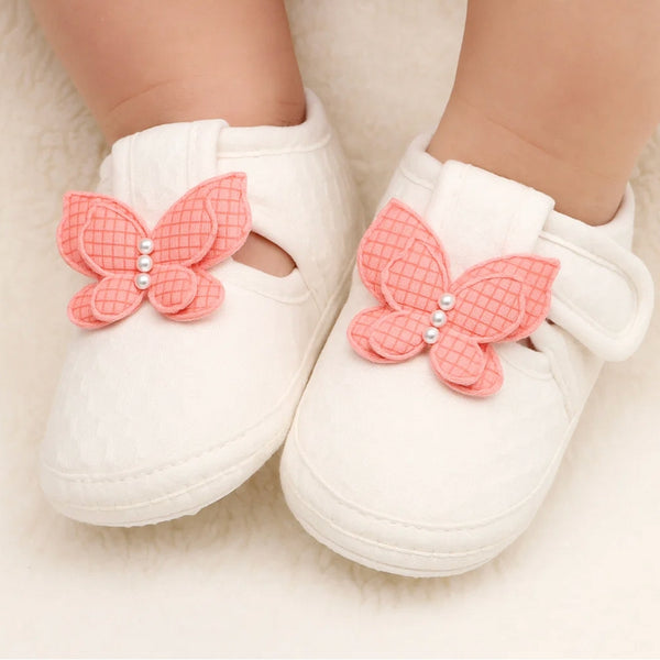Baby Girls Cotton Butterfly Velcro Belly Booties (White,Orange)-BT5249