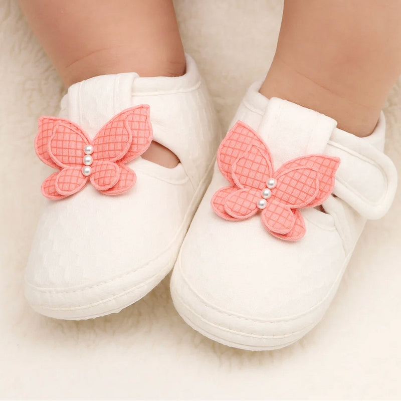 Baby Girls Cotton Butterfly Velcro Belly Booties (White,Orange)-BT5249