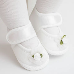 Baby Girls Flower Satin Velcro Belly Booties (White)-BT5250