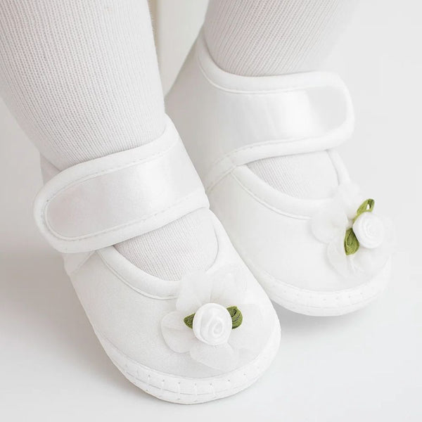 Baby Girls Flower Satin Velcro Belly Booties (White)-BT5250