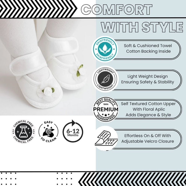 Baby Girls Flower Satin Velcro Belly Booties (White)-BT5250