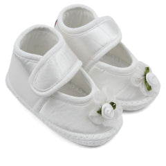 Baby Girls Flower Satin Velcro Belly Booties (White)-BT5250