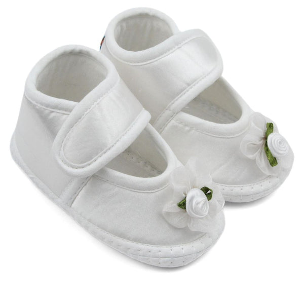 Baby Girls Flower Satin Velcro Belly Booties (White)-BT5250