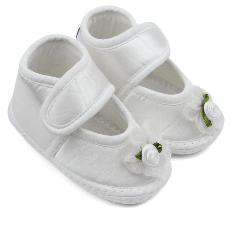 Baby Girls Flower Satin Velcro Belly Booties (White)-BT5250
