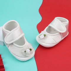 Baby Girls Flower Satin Velcro Belly Booties (White)-BT5250