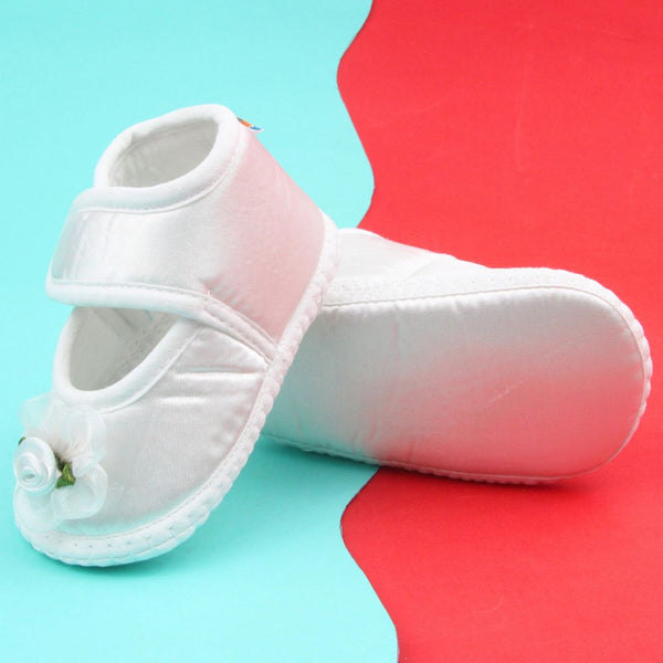 Baby Girls Flower Satin Velcro Belly Booties (White)-BT5250