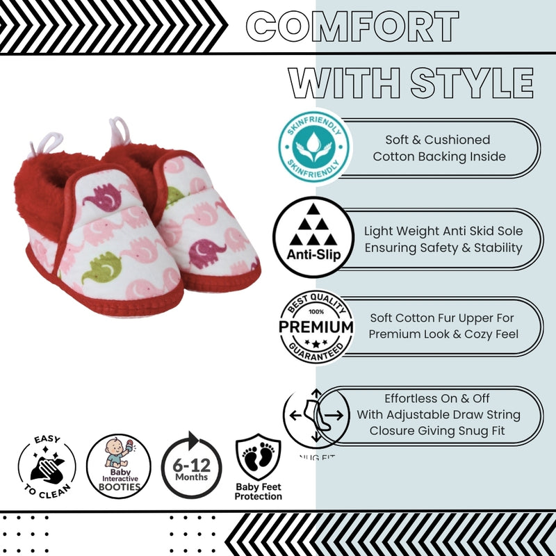 Baby Unisex Cotton Elephant Printed White,Red Lace Booties-BT5252