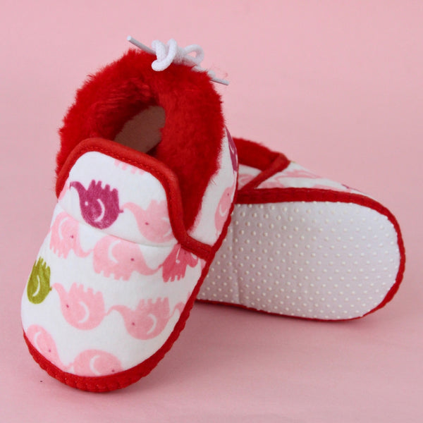 Baby Unisex Cotton Elephant Printed White,Red Lace Booties-BT5252