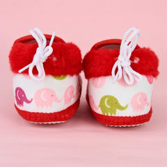 Baby Unisex Cotton Elephant Printed White,Red Lace Booties-BT5252
