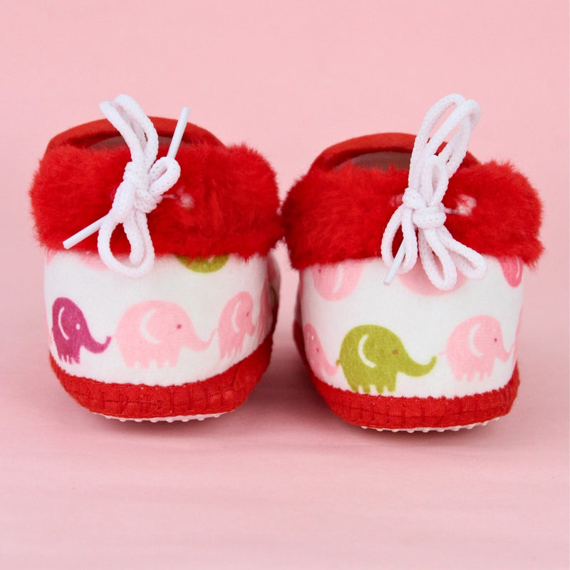 Baby Unisex Cotton Elephant Printed White,Red Lace Booties-BT5252