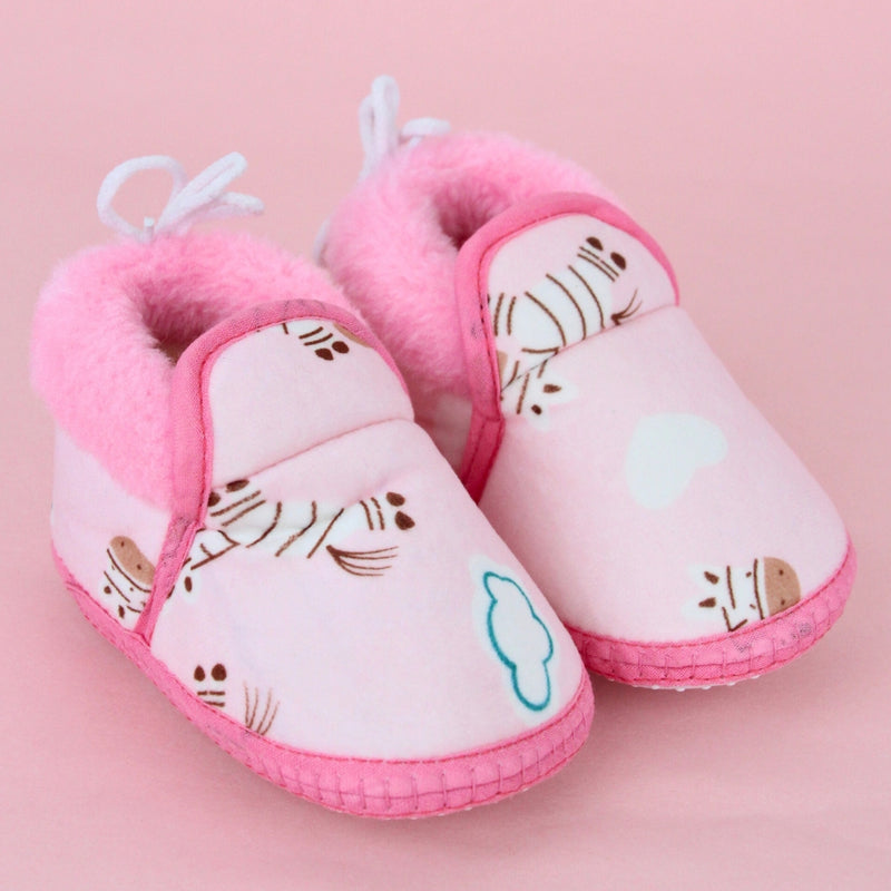 Baby Unisex Cotton Zebra Printed Pink Lace Booties-BT5254