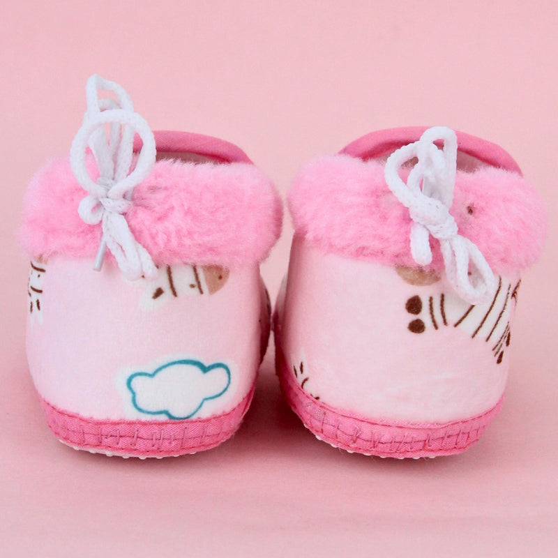 Baby Unisex Cotton Zebra Printed Pink Lace Booties-BT5254