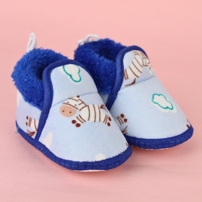 Baby Unisex Cotton Zebra Printed Blue Lace Booties-BT5256