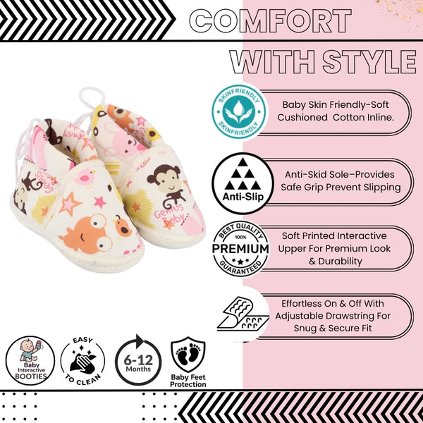 Baby Unisex Cotton Animal Printed Pink,White Velcro Booties-BT5261