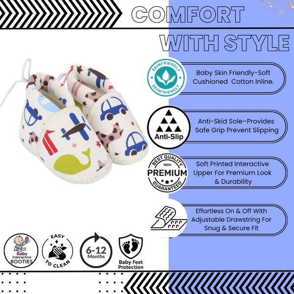 Baby Unisex Cotton Animal Printed White Velcro Booties-BT5264