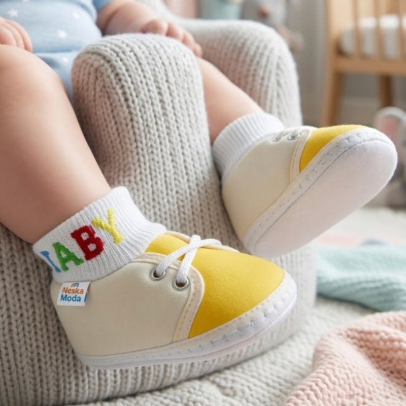 Baby Unisex Cotton White,Yellow Slip-on Socks Booties-BT5279