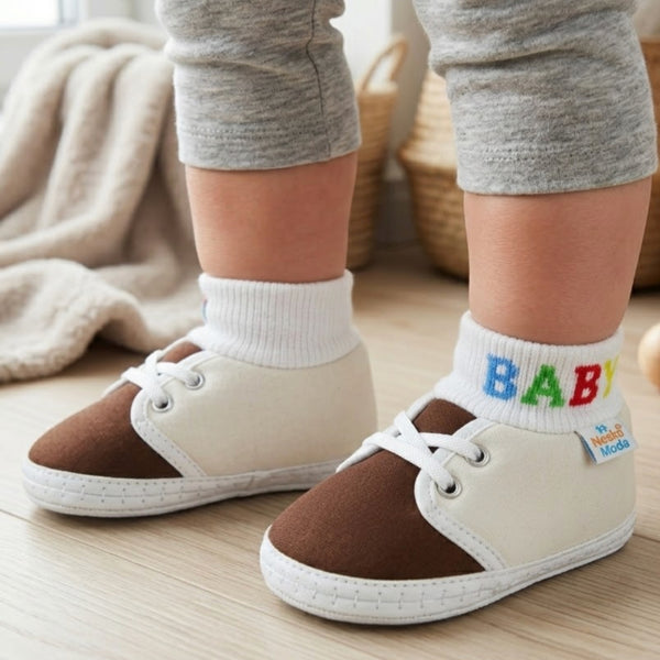 Baby Unisex Cotton White,Brown Slip-on Socks Booties-BT5280