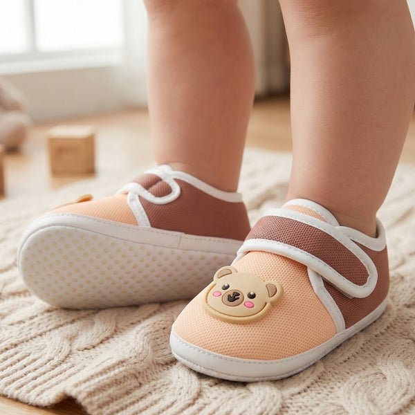 Baby Unisex Cotton Bear Face Orange,Brown Velcro Booties-BT5311