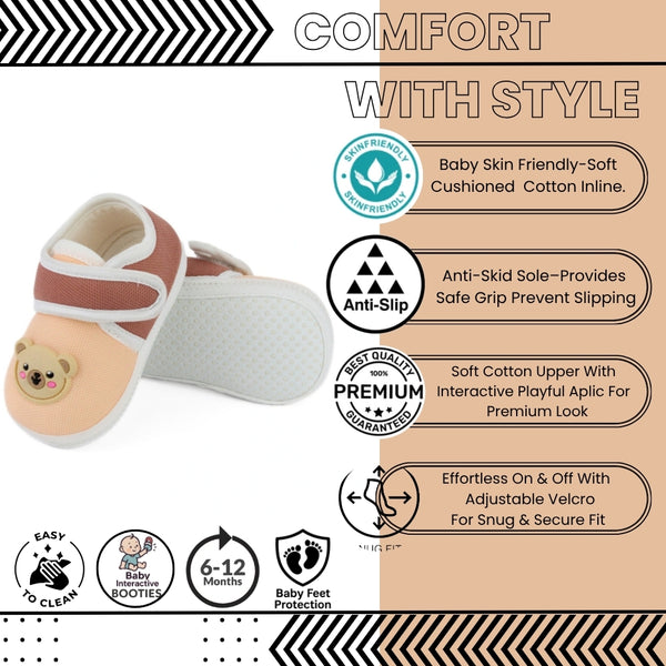 Baby Unisex Cotton Bear Face Orange,Brown Velcro Booties-BT5311
